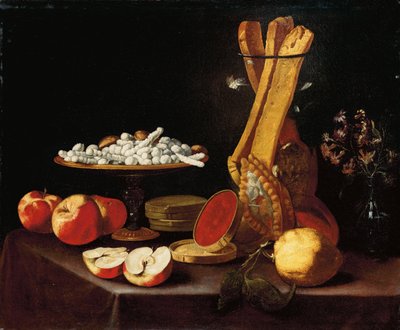 Bir tazza üzerinde tatlılar, bir cam vazoda nergis, bir kavanozda ekmek çubukları ve dökümlü bir masada elma, jöle ve limon by Paolo Antonio Barbieri