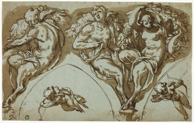 Satyress, Satyrs ve Putti ile Spandrel Süslemesi Çalışması (recto); Putto Başı (verso) by Paolo Farinati