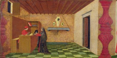Ev Sahibinin Küfür Etmesinin Predella'sı: Yahudi Bir Tefeci Tarafından Pelerinini Takdis Edilen Ev Sahibi Pahasına Kullanmaya Zorlanan Hıristiyan Kadın, c.1467-69 (panelde mizaç) (detay) by Paolo Uccello