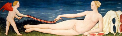 Yastıklar üzerinde Venüs, bir Putto ile Çiçeklerden Bir Çelenk tutan, by Paolo di Stefano Badaloni Schiavo