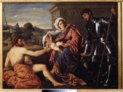 "Madonna ve Çocuk, Vaftizci Yahya ve Aziz George" (Madonna ve Çocuk, Vaftizci Yahya ve Aziz George) Tablosu Paris Bordon veya Bordone (1500-1571) yaklaşık 1530 Pouchkine Müzesi, Moskova by Paris Bordone
