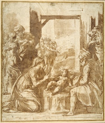 Doğuş (beyaz kağıt üzerinde kahverengi yıkama ile kalem ve kahverengi mürekkep) by Parmigianino