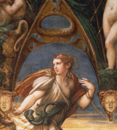 Papaz tarafından ele geçirilen Peri, Parmigianino (1503-1540) olarak bilinen Francesco Mazzola tarafından fresk. Detay. Rocca Sanvitale, Fontanellato, Emilia Romagna. by Parmigianino