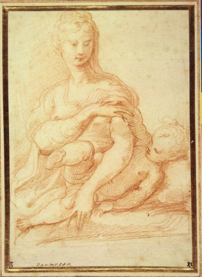 Kucağında Çocukla oynayan Bakire (beyaz kağıt üzerine kırmızı tebeşir) by Parmigianino