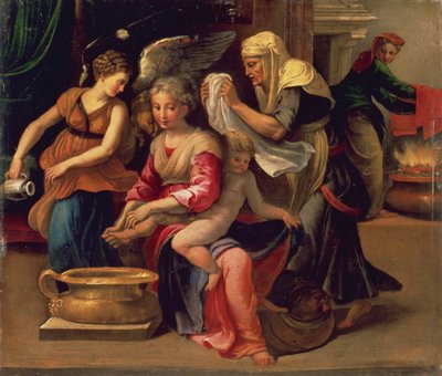 Bebeğin Yıkanması (panelde yağ) by Parmigianino