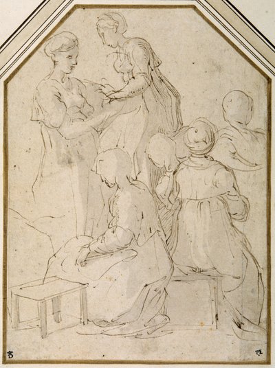 Yerli grup, iki ayakta kadın ve dört oturan (kalem ve beyaz kağıt üzerinde soluk kahverengi bir yıkama ile kahverengi mürekkep) by Parmigianino