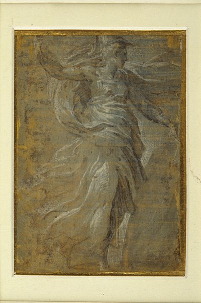 Sol elinde bir kalkan, sağında bir mızrak olan Minerva (hazırlanmış sarımsı zeminde metal nokta) by Parmigianino