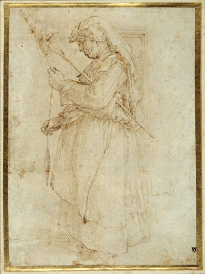 Şöminenin önünde duran asalı yaşlı kadın (beyaz kağıt üzerine kalem ve kahverengi mürekkep) by Parmigianino