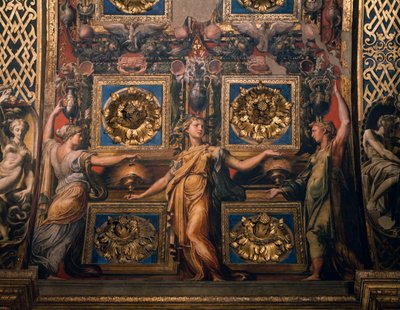 Üç bilge bakire, üç bilge bakire ve üç aptal bakirenin detayı, Il Parmigianino olarak bilinen Francesco Mazzola tarafından, fresk, papaz evi kemerinin alt tarafı, Santa Maria della Steccata Tapınağı, Parma, Emilia-Romagna. İtalya by Parmigianino
