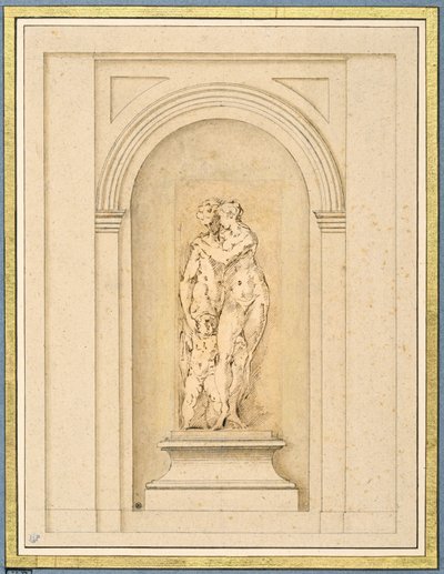 Daha sonraki bir mimari çerçeve ile çevrili iki figür ve bir aşk tanrısı by Parmigianino