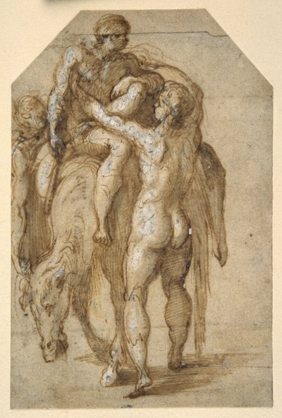 Hasta bir adamı yorgun bir attan kaldıran iki çıplak adam (kağıt üzerinde beyaz gövde rengiyle yükseltilmiş kahverengi yıkamaya sahip kalem ve kahverengi mürekkep) by Parmigianino
