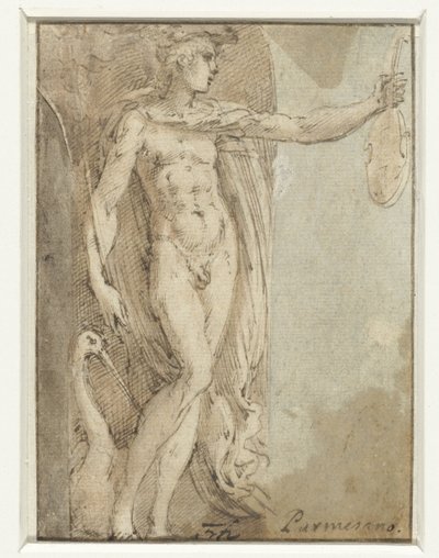 Bir keman ve bir ibis ile bir niş içinde duran Merkür by Parmigianino