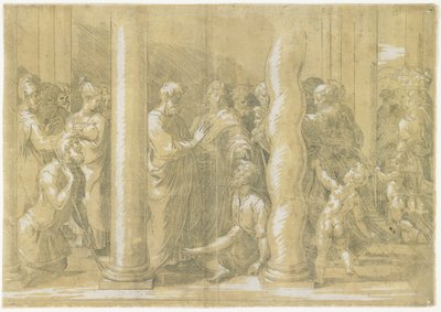 Aziz Peter ve John Tapınağın Kapılarında Hastaları İyileştiriyor, c. 1530 by Parmigianino