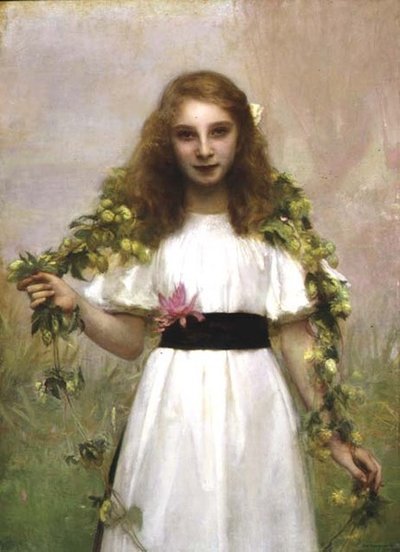 Çiçekli Genç Kız Portresi (tuval üzerine yağlı boya) by Pascal Adolphe Jean Dagnan Bouveret
