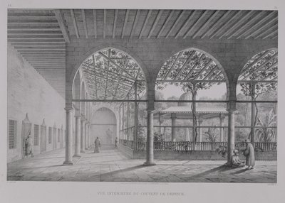 Emile Edmond Ollivier (1800-64) tarafından oyulmuş 'Kahire Anıtları ve Binaları'ndan Kahire'deki Derviş Manastırı'nın iç görünümü, Letronne, Paris, 1829 by Pascal Xavier Coste