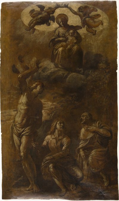 Bakire ve Çocuk, Aziz Sebastian, Evangelist Yuhanna ve Roch ile birlikte, yaklaşık 1610 (krem kağıt üzerine yağlıboya ve grafit (vernikli)) by Pasquale Ottino