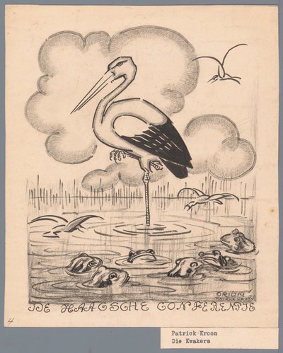Kurbağalar arasında leylek Lahey Konferansı / De Kwakers (nesne üzerine başlık) by Patricq Kroon (signed by artist)