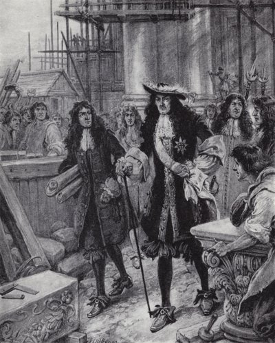 Kral II. Charles, Büyük Londra Yangını'ndan sonra St Paul Katedrali'nin yeniden inşasına nezaret ediyor. by Paul (after) Hardy