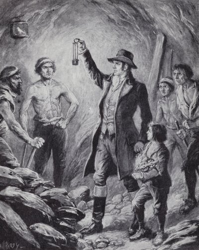 Sir Humphrey Davy ve madenciler için ilk emniyet lambasını icat etmesi by Paul (after) Hardy