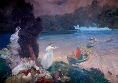Mutlu Ada: çimenlerin üzerinde bir ziyafette misafirlere katılan tekneleri temsil eden masal sahnesi. Paul Albert Besnard'ın (1849-1934) duvar kağıdındaki bir resminin detayı. 1900. Paris, Dekoratif Sanatlar by Paul Albert Besnard