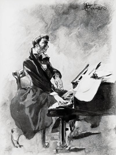 Besteci ve piyanist Frederic Chopin piyano çalıyor, Albert Besnard (1849-1934), suluboya by Paul Albert Besnard