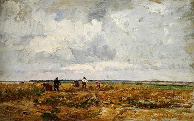 Arazide çalışan çiftçiler ve kadınlarla bir Dachau manzarası (karton üzerine yağ) by Paul Baum
