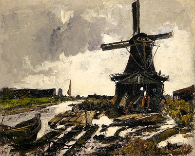 Hollanda, Ahşap Testere Yel Değirmeni ile Kanal Manzarası, c.1885 (tuval üzerine yağlı boya) by Paul Baum