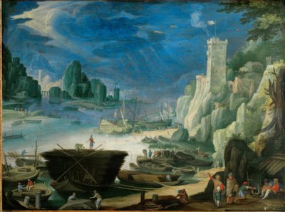 Bir deniz feneri ile gece liman manzarası by Paul Bril