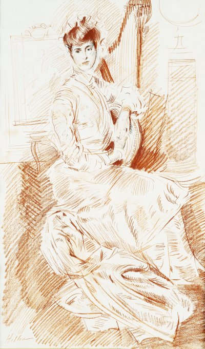 Madam Helleu bir arpın yanında oturuyor, by Paul Cesar Helleu