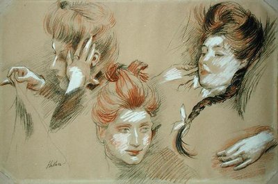 Kadın Çalışması (kağıt üzerinde beyaz ile yükseltilmiş kırmızı ve siyah tebeşir) by Paul Cesar Helleu