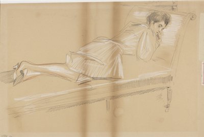 Kanepede öne doğru uzanan kadın by Paul Cesar Helleu