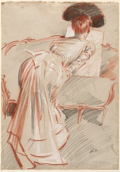 Bir Çizime Bakan Kadın (Muhtemelen Madam Alice Hellu), c. 1895 (siyah, kırmızı ve beyaz tebeşir) by Paul Cesar Helleu