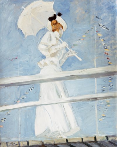 İskelede Şemsiyeli Genç Kadın by Paul Cesar Helleu
