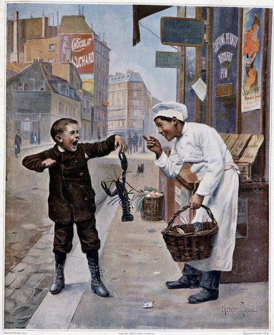 Istakoz tarafından sıkıştırılan bir çocukla dalga geçen genç aşçı - çizim Chocarne-Moreau by Paul Charles Chocarne-Moreau