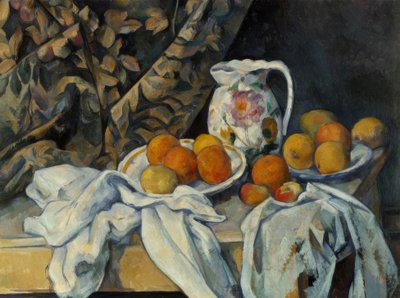 Perde ve çiçekli sürahi ile natürmort by Paul Cézanne