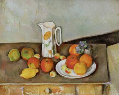 Natürmort: bir masada süt sürahisi ve meyve by Paul Cézanne
