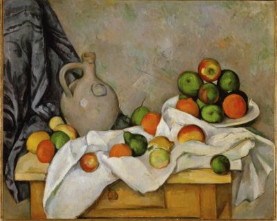 Perde, sürahi ve meyve tabağı by Paul Cézanne