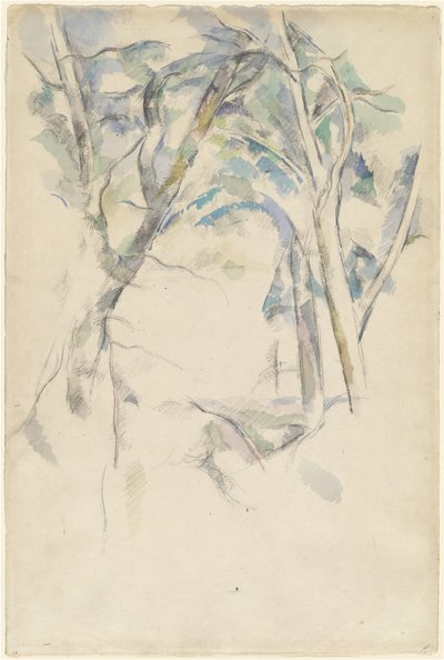Kayaların üzerine eğilmiş ağaçlar by Paul Cézanne