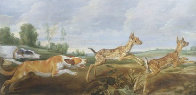 Bir av sahnesi: iki faun kovalayan köpekler by Paul De Vos