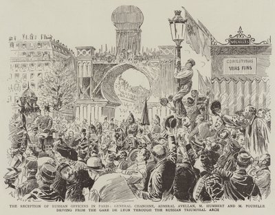 Paris'te Rus Subayların Kabulü, General Chanoine, Amiral Avellan, M Humbert ve M Poubelle, Gare de Lyon'dan Rus Zafer Takı'ndan geçerken by Paul Destez