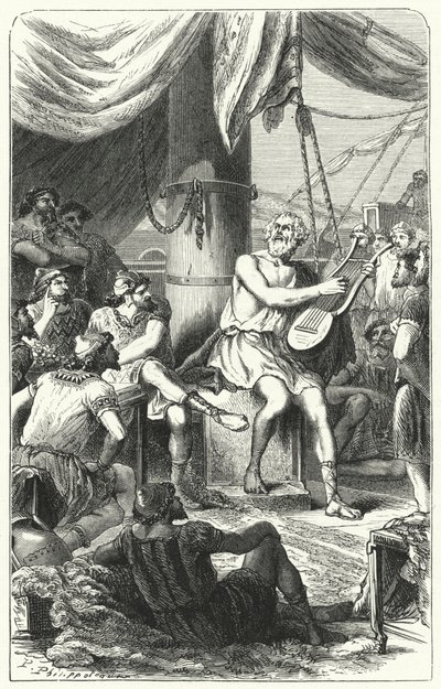 Homer yabancı denizcileri bir şarkıyla eğlendiriyor (gravür) by Paul Dominique Philippoteaux