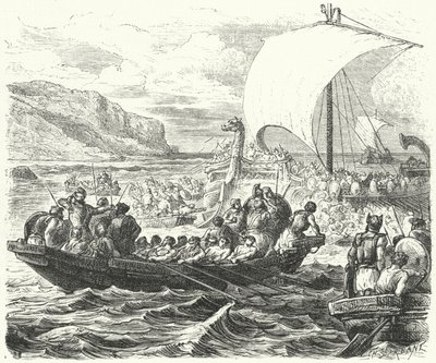 Bir kıyıya inen Fenike gemileri (gravür) by Paul Dominique Philippoteaux