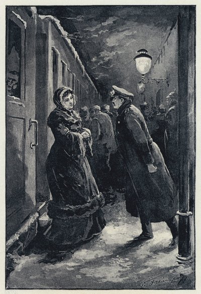 Anna Karenina için illüstrasyon: Vronsky istasyonda Anna ile karşılaşır (litho) by Paul Frenzeny