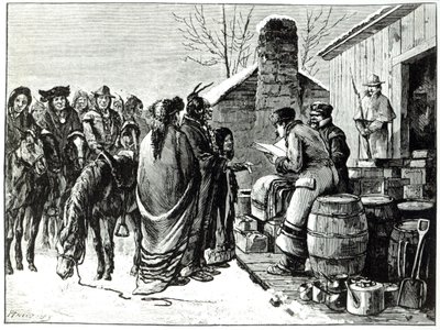 Hükümet ajanlarından erzak alan rezervasyon Kızılderilileri (gravür) by Paul Frenzeny