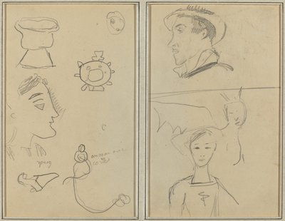 Bir Karikatür ve Beş Biçim; Profildeki Bir Adam, Kanatlı Bir Yaratık ve Bir Çocuk [verso] by Paul Gauguin