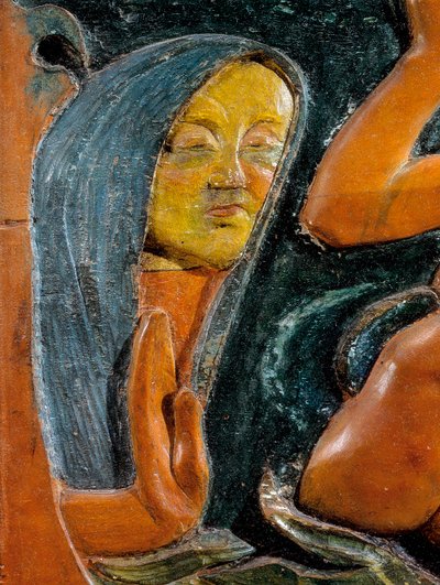 Gizemli ol (detay) 1890 (çok renkli ahşap oyma) by Paul Gauguin