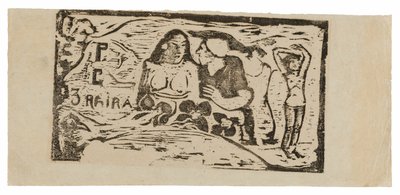 Çıplak Kadın Büstü ve Profilde Beyaz Başlıklı Üç Çeyrek Erkek Figürü, En Sağda Üçüncü Küçük Figür, Le sourire için başlık by Paul Gauguin