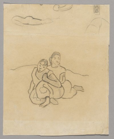 Nafea Faaipoipo ile ilgili bir manzarada vücut parçaları, dekoratif bir tasarım ve iki çömelmiş Tahiti kadını by Paul Gauguin