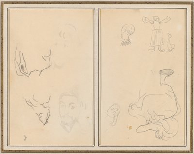 Sırtını İnceleyen Bir Adamın Başı; Köylü Kadın ve Kaz ile Çeşitli Eskizler [rekto] by Paul Gauguin
