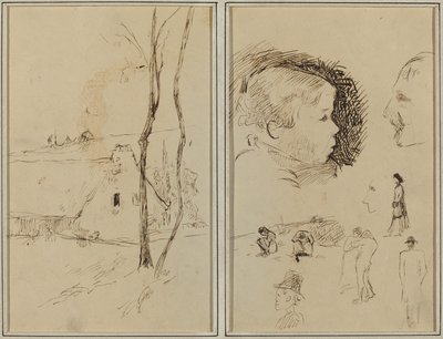 Bir Kulübe ile Peyzaj; Erkek Profili, Erkek Profili, Bir Manzarada İki Kadın ve Diğer Beş Çalışma [verso] by Paul Gauguin